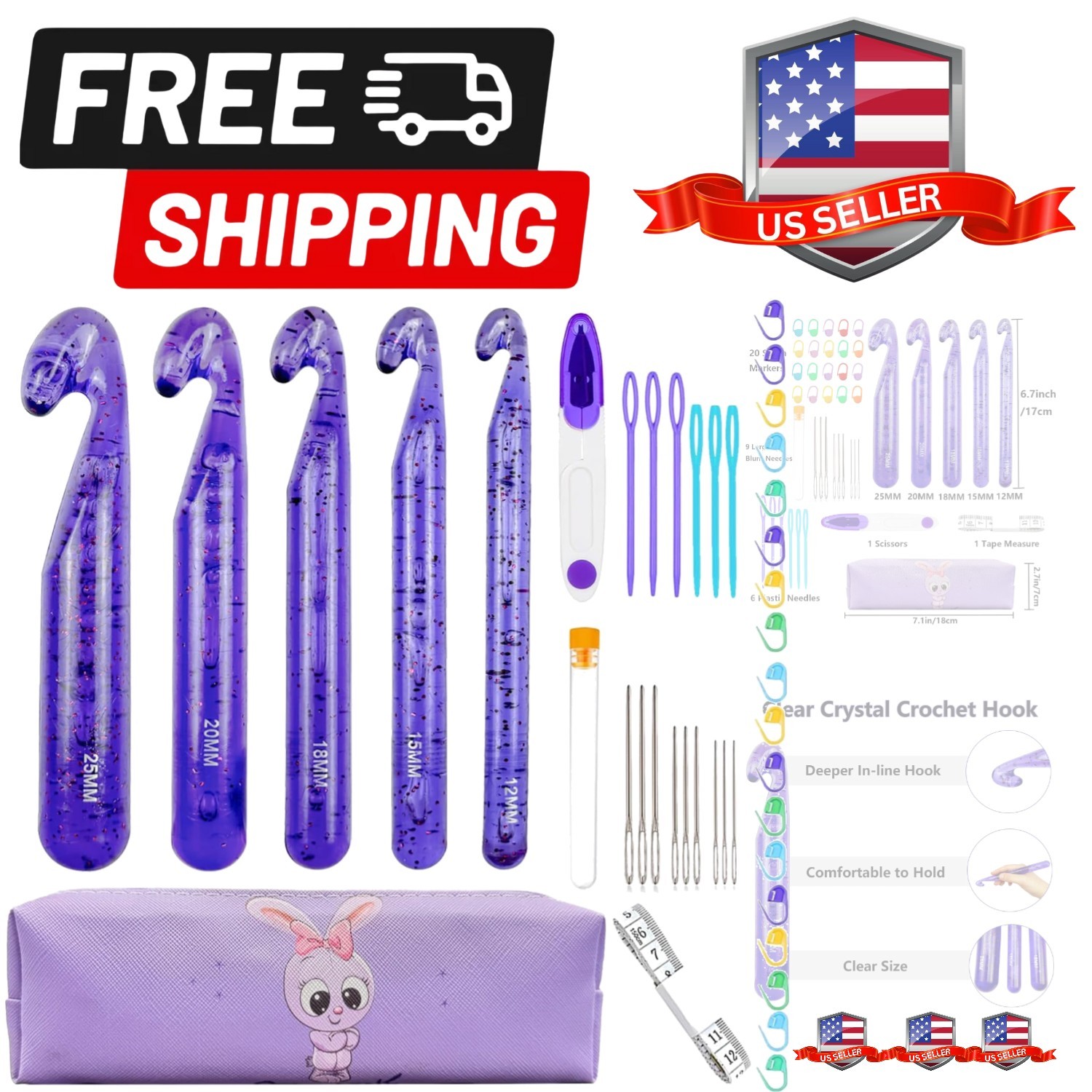 43 Pcs Large Crochet Hooks Set,12mm 15mm 18mm 20mm 25mm Large Crochet Hooks f...