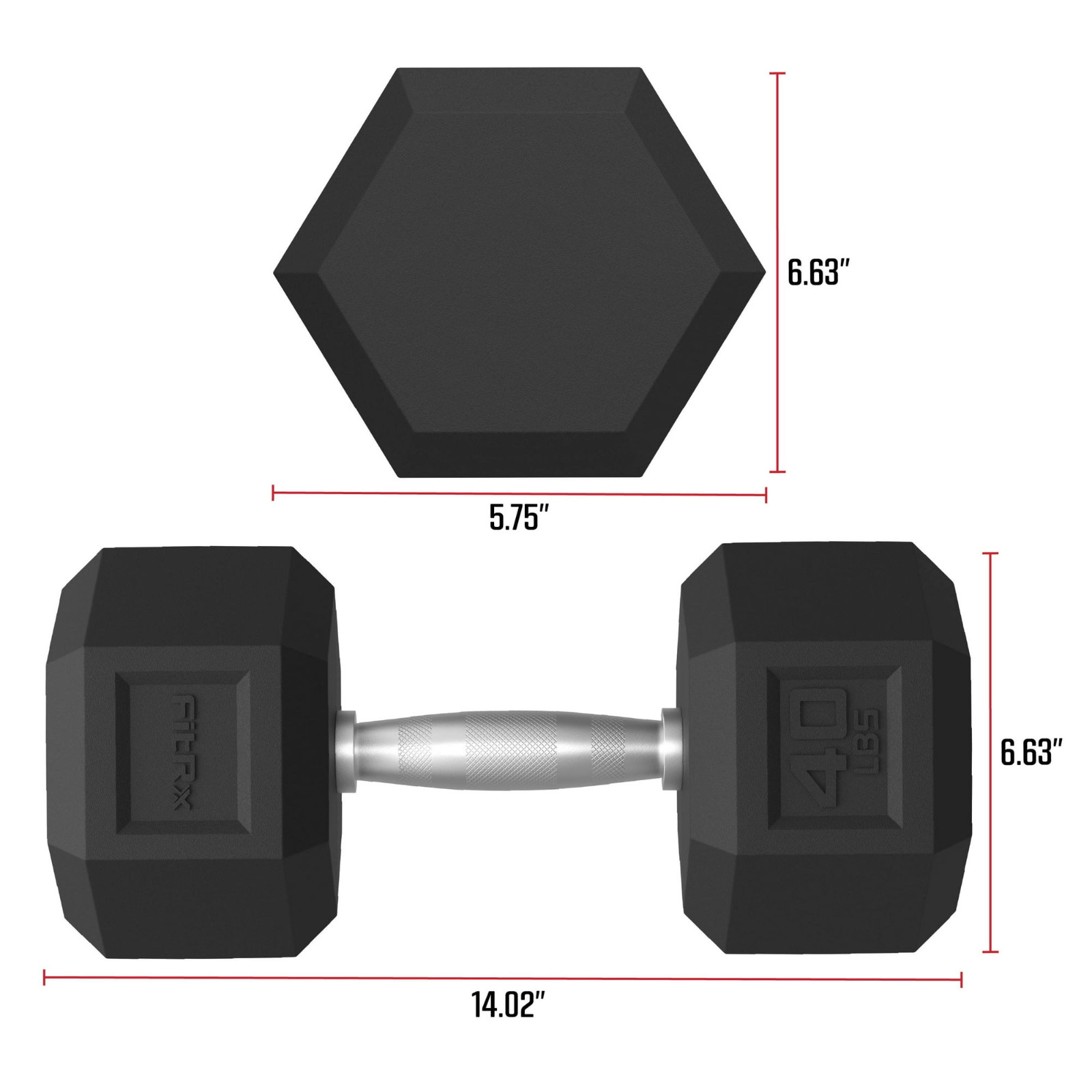 FitRx 40lbs Rubber Hex Dumbbell – Solid Steel Handle, Durable Rubber Coating
