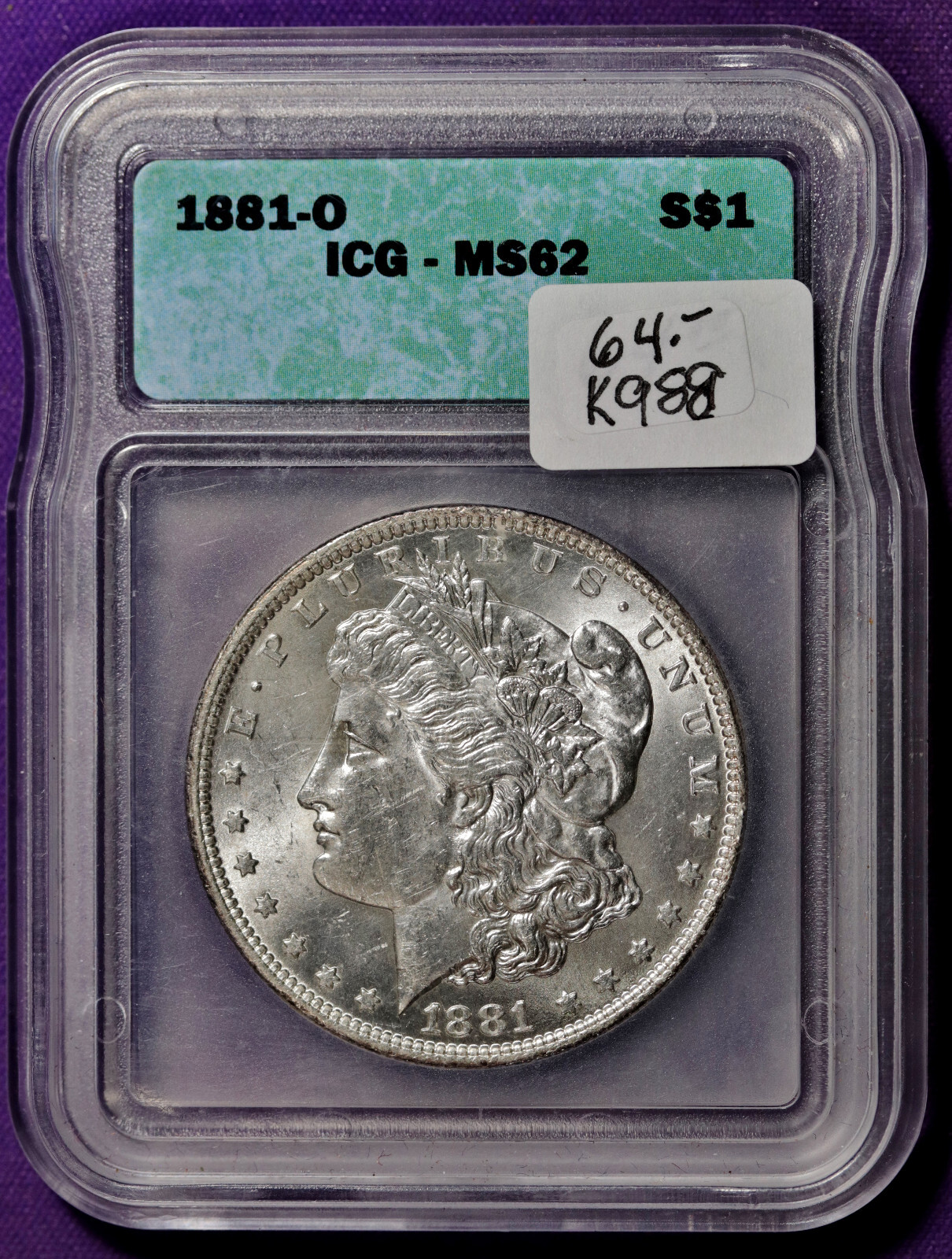 1881 Morgan Silver Dollar.  In ICG Holder.  MS 62.  k988