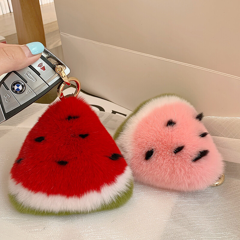Real Rabbit Fur Watermelon Keychain Bag Charm Pompom Ball Phone HandBag Pendant