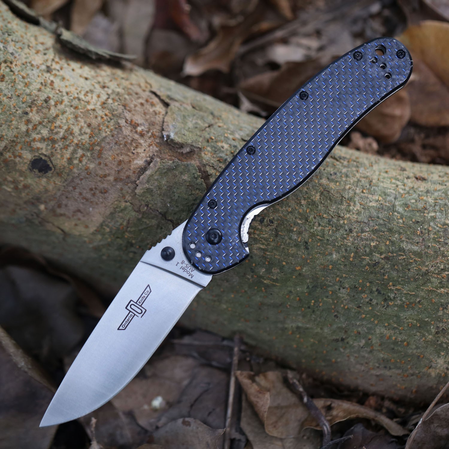 Ontario Rat 1 Blue Twill Carbon Fiber Big Hunting Tactical Pocket Knife AUS8 NEW
