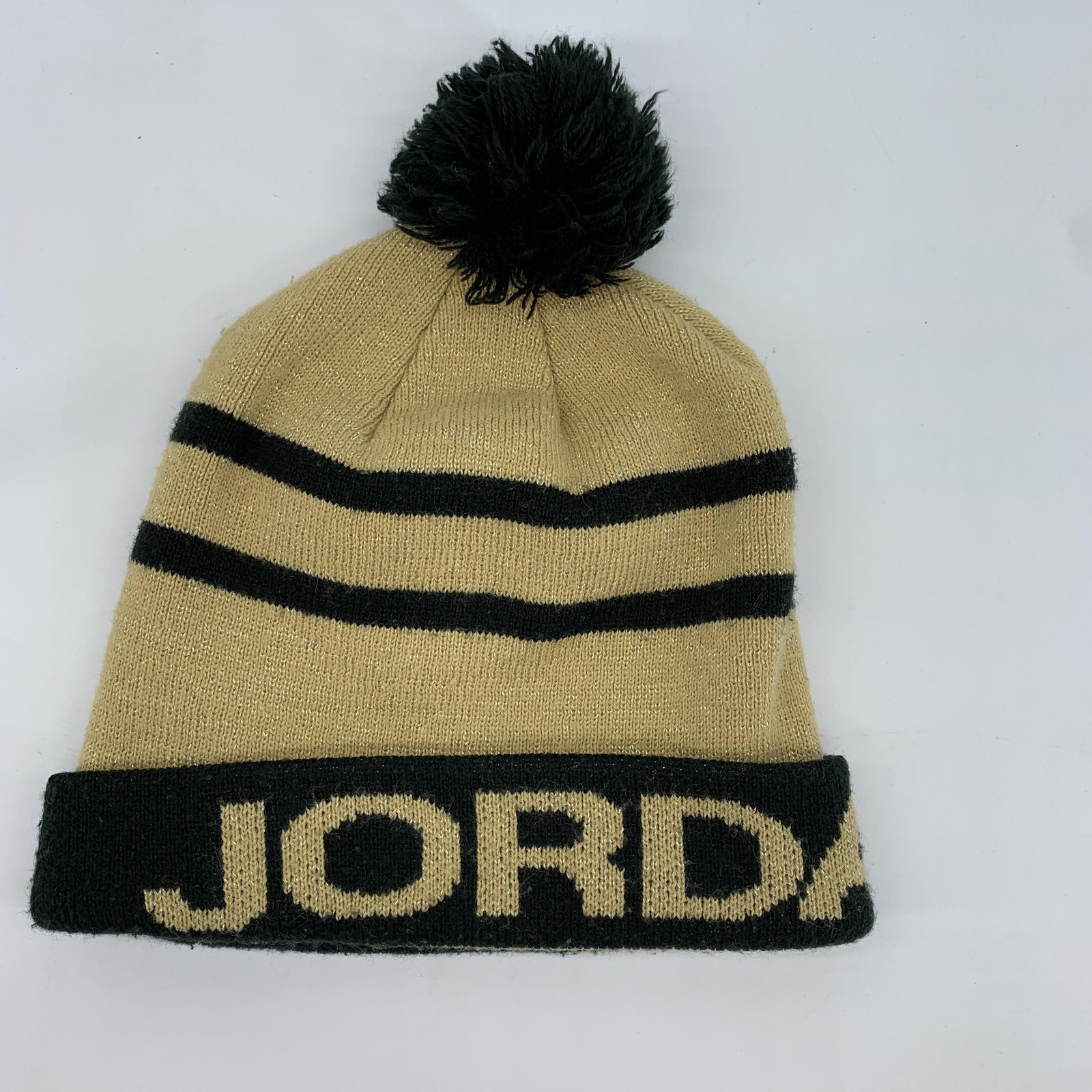 Jordan Hat Beanie Boys Beige Black Knit Pom Striped Logo One Size Youth