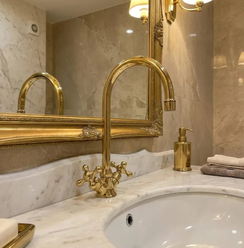 Unlacquered Brass swivel  Goosneck Kitchen Sink faucet + brass sprayer