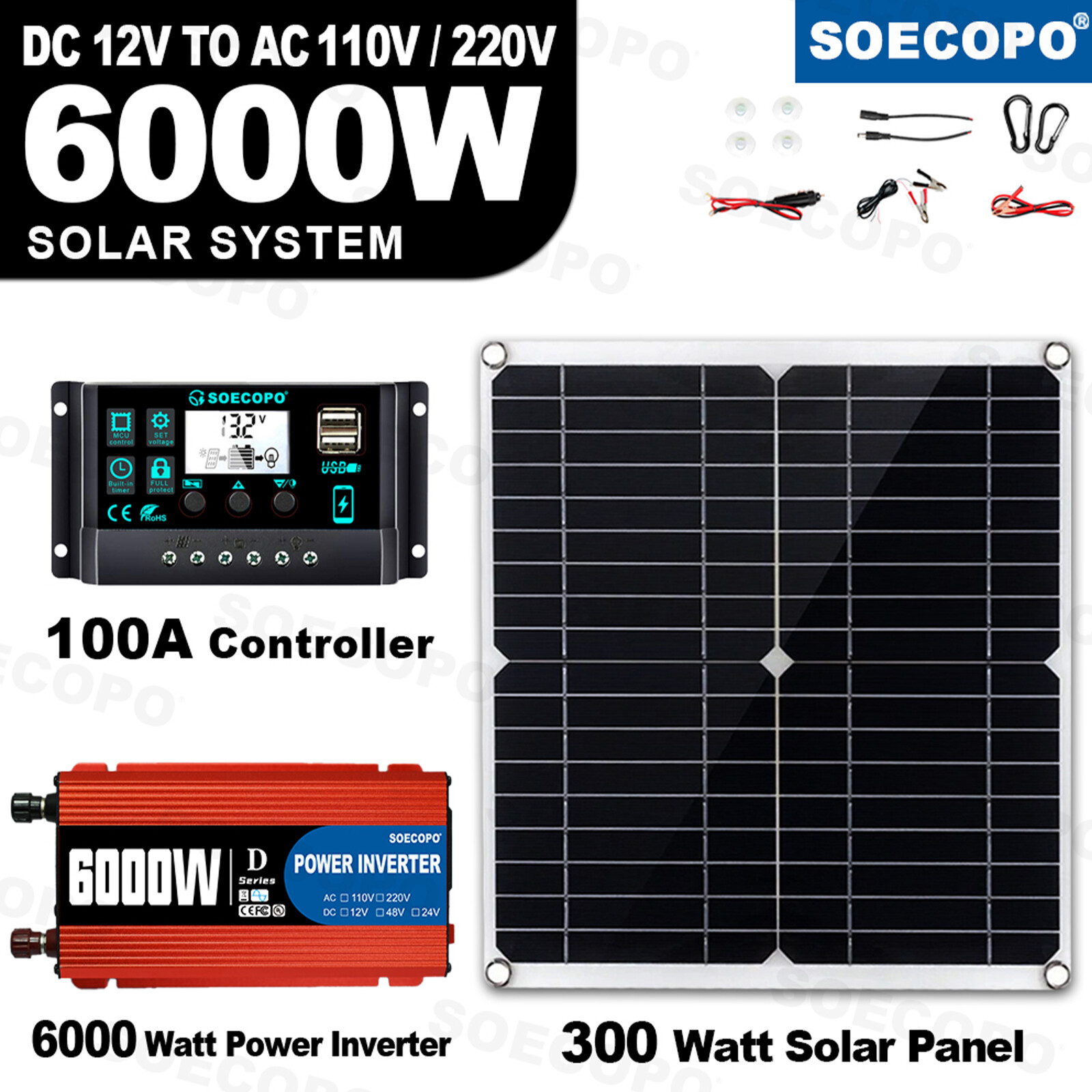 6000W 100A Solar Panel Set Solar Power Inverter Generator Home 110V Grid System