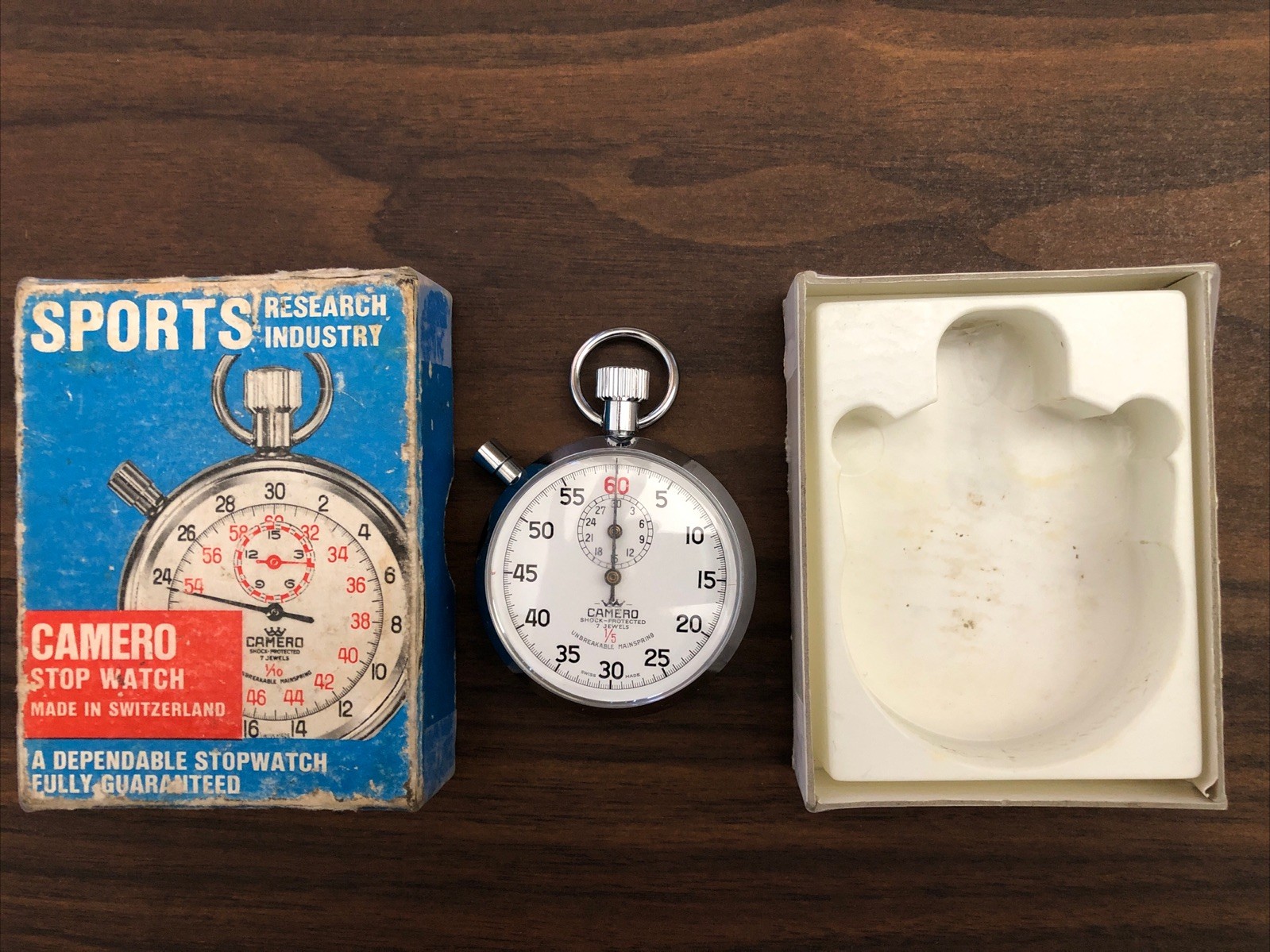 VINTAGE CAMERO STOP WATCH- SWISS MADE - 7 JEWELS - 1/5 - VERY GOOD WORKING COND.