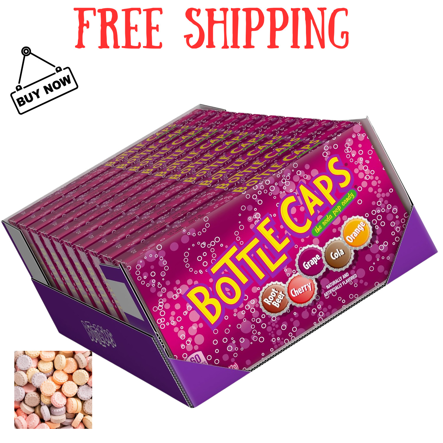 Bottle Caps, Fizzy Hard Candy, 5 Ounce Theater Candy Boxes (Pack of 10)