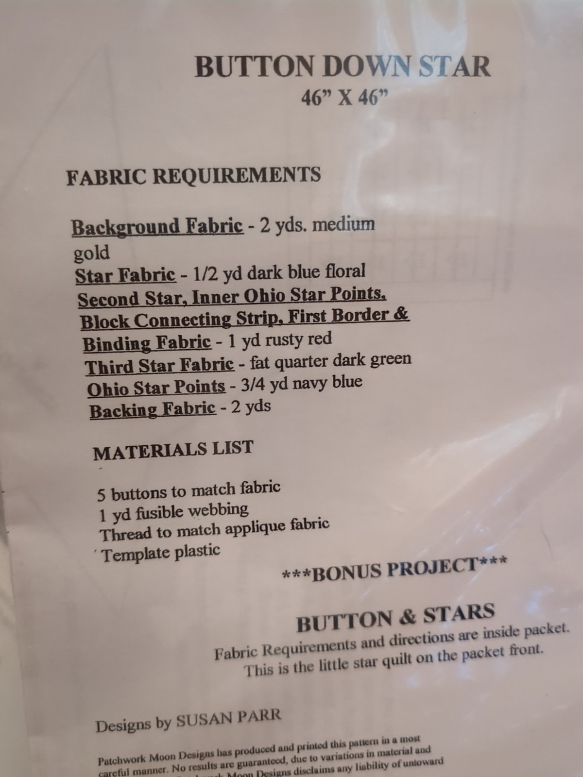 BUTTON DOWN STAR Quilt Pattern by Patchwork Moon Designs 46 x 46