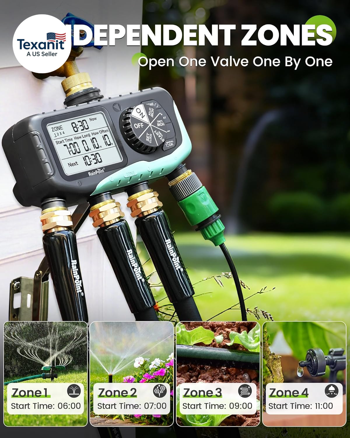 Sprinkler Timer 4 Zone, Water Timer for Programmable, for Soaker Hose with Rain