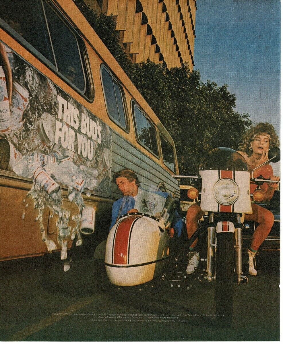 1982 Budweiser Beer Cans Pouring From Bus Motorcycle Sidecar Vintage Ad Man Cave