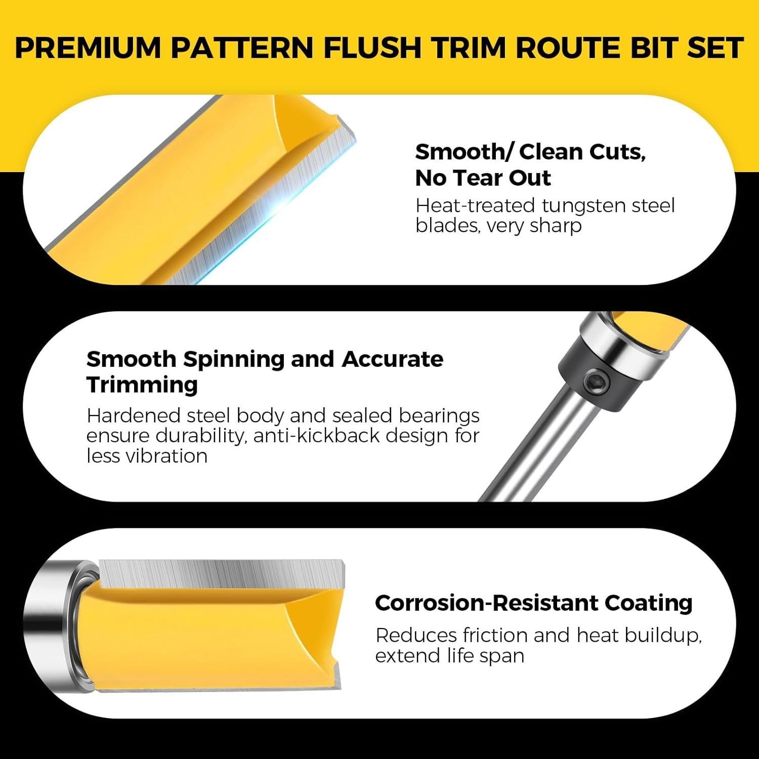 Junreox 4PCS Flush Trim Route Bit 1/4 Shank, Premium Pattern Cut Route...