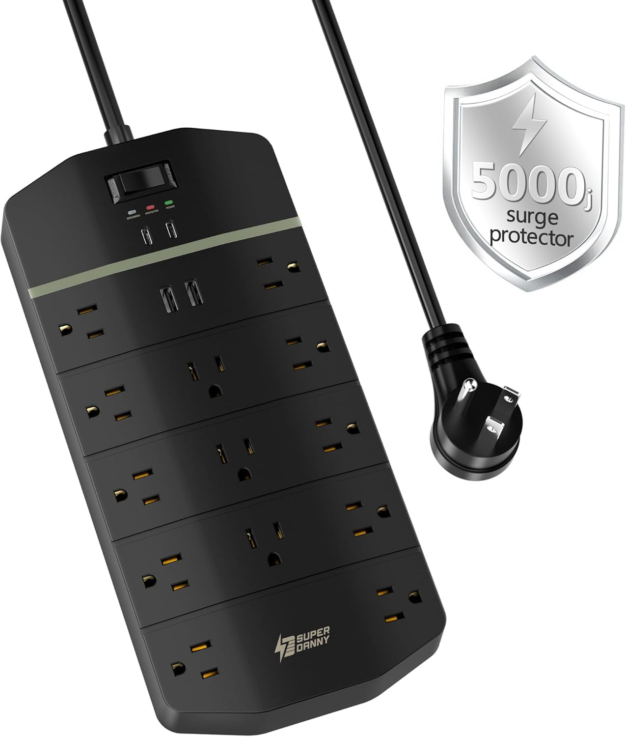 Power Strip, 5000 Joules Surge Protector with 13 AC Outlets 2 USB-A & 2 USB-C PD