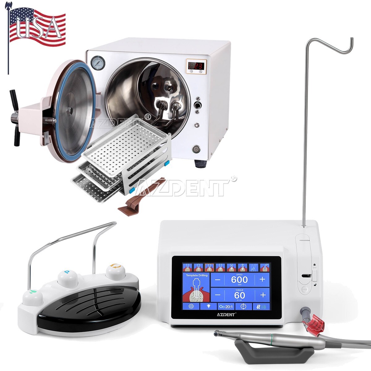 Dental Implant Motor LED 20:1 Handpiece Touch / 18L Autoclave Steam Sterilizer