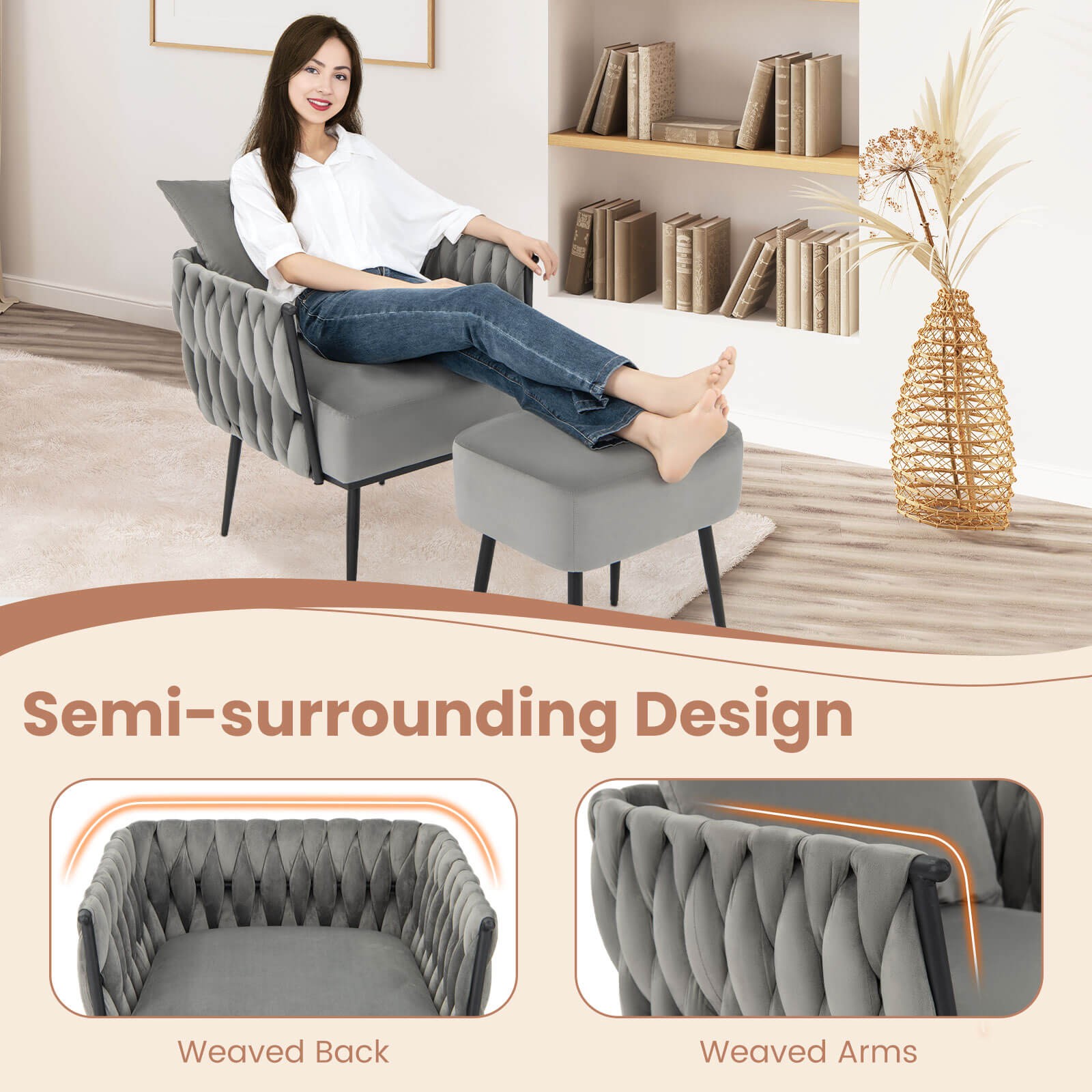 Modern Dutch Velvet Accent Chair and Ottoman Set Single Leisure Sofa Chair