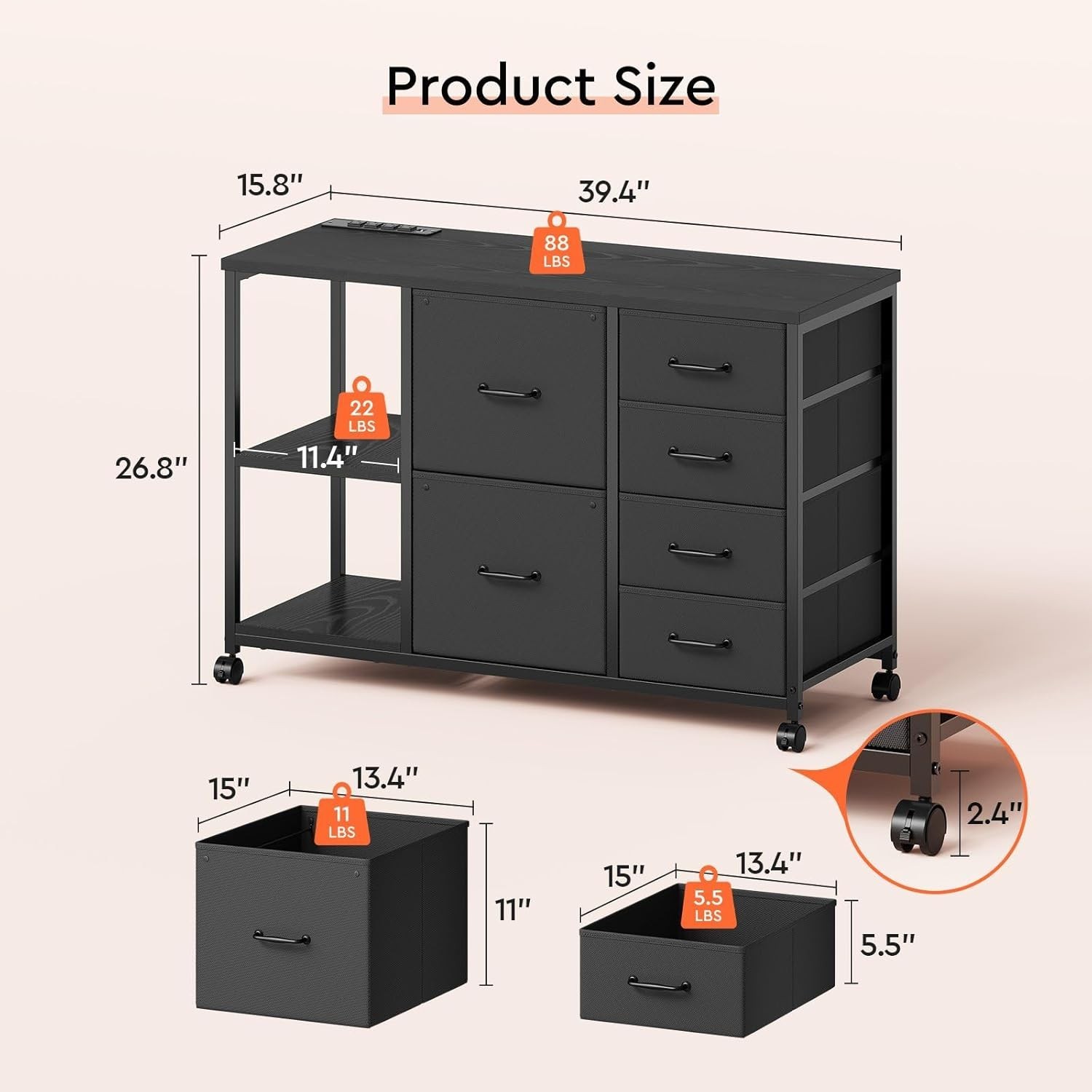 6-Drawer File Cabinet W/ Charging Station Rolling Printer Stand W/ Open Storage