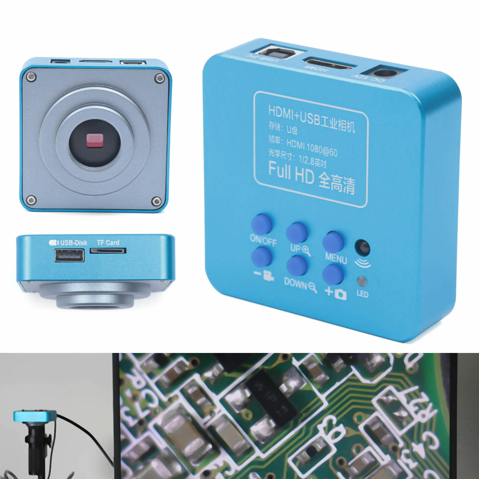 New HD 1080p HDMI Industrial Digital Video Microscope Camera C Mount USB Blue