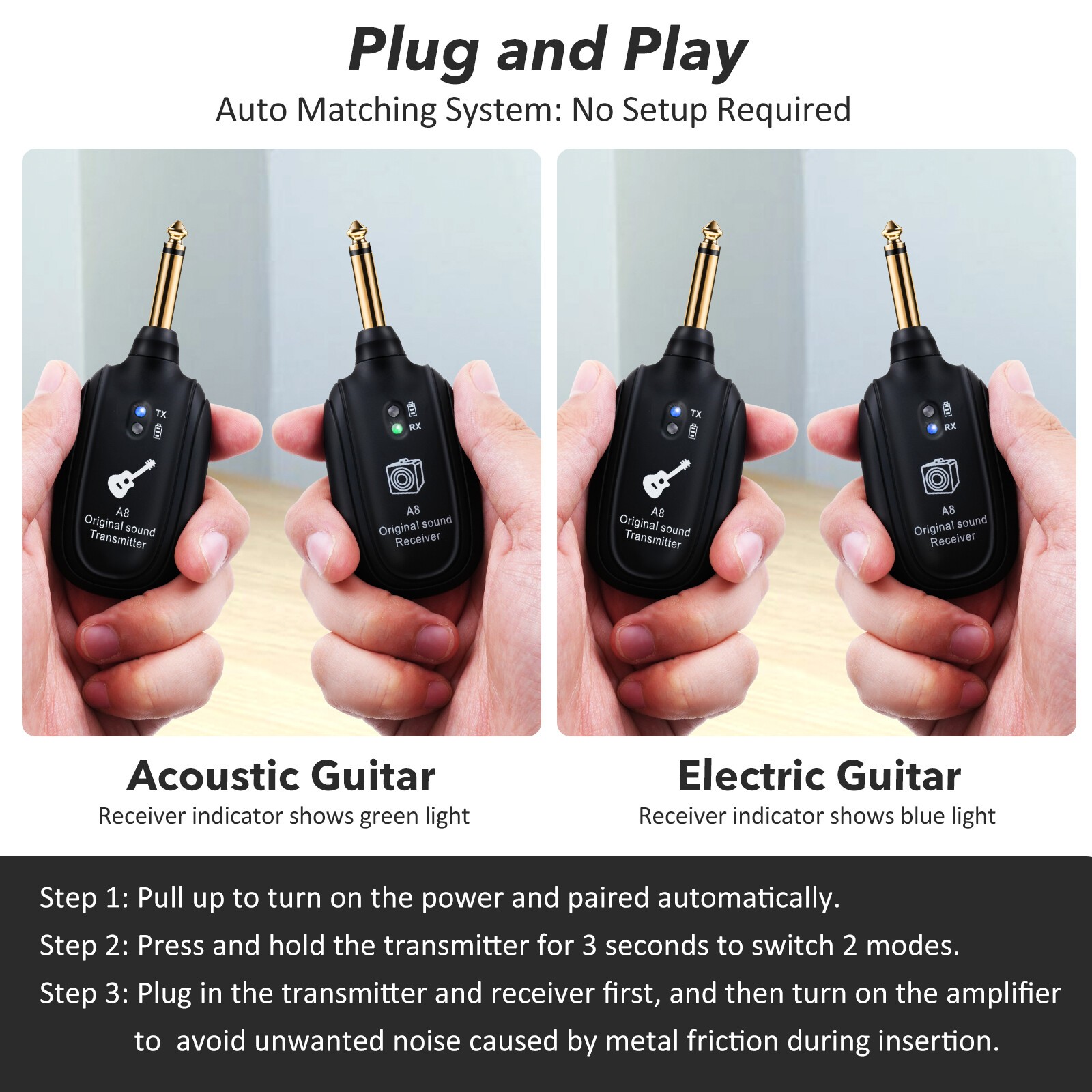 UHF Guitar Wireless System Transmitter+Receiver Built In Rechargeable Battery