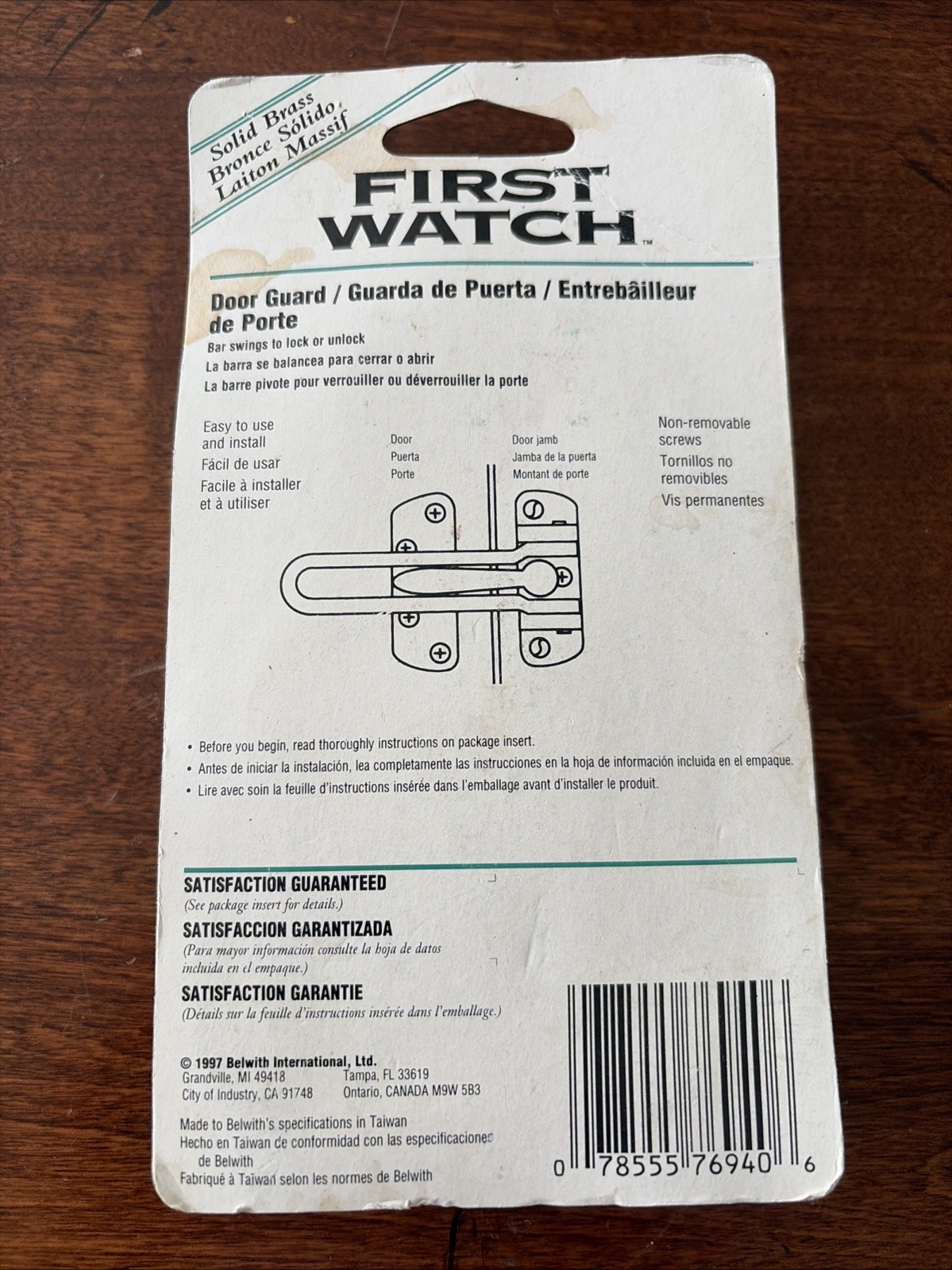 Vintage First Watch Solid Brass Door Guard 1575 Door Security Easy Install -1997
