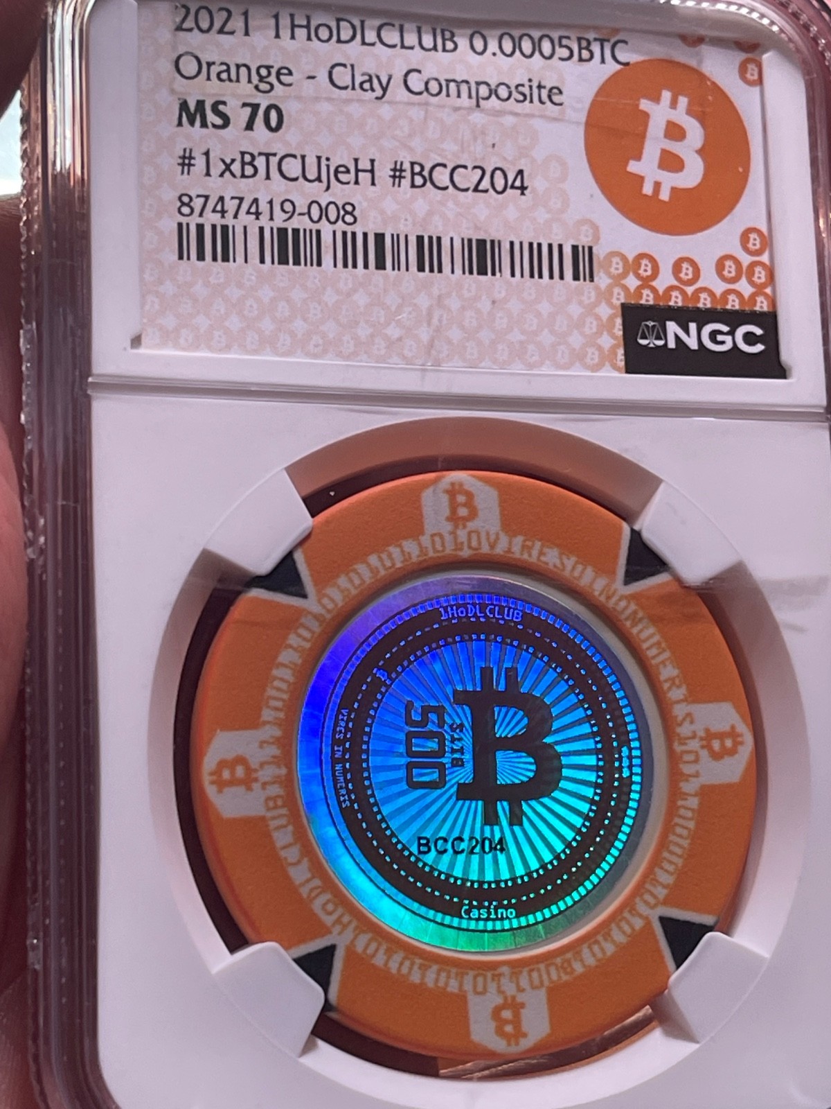 Bitcoin Hodlclub Orange Poker chip 2021 .0005 NGC MS 70