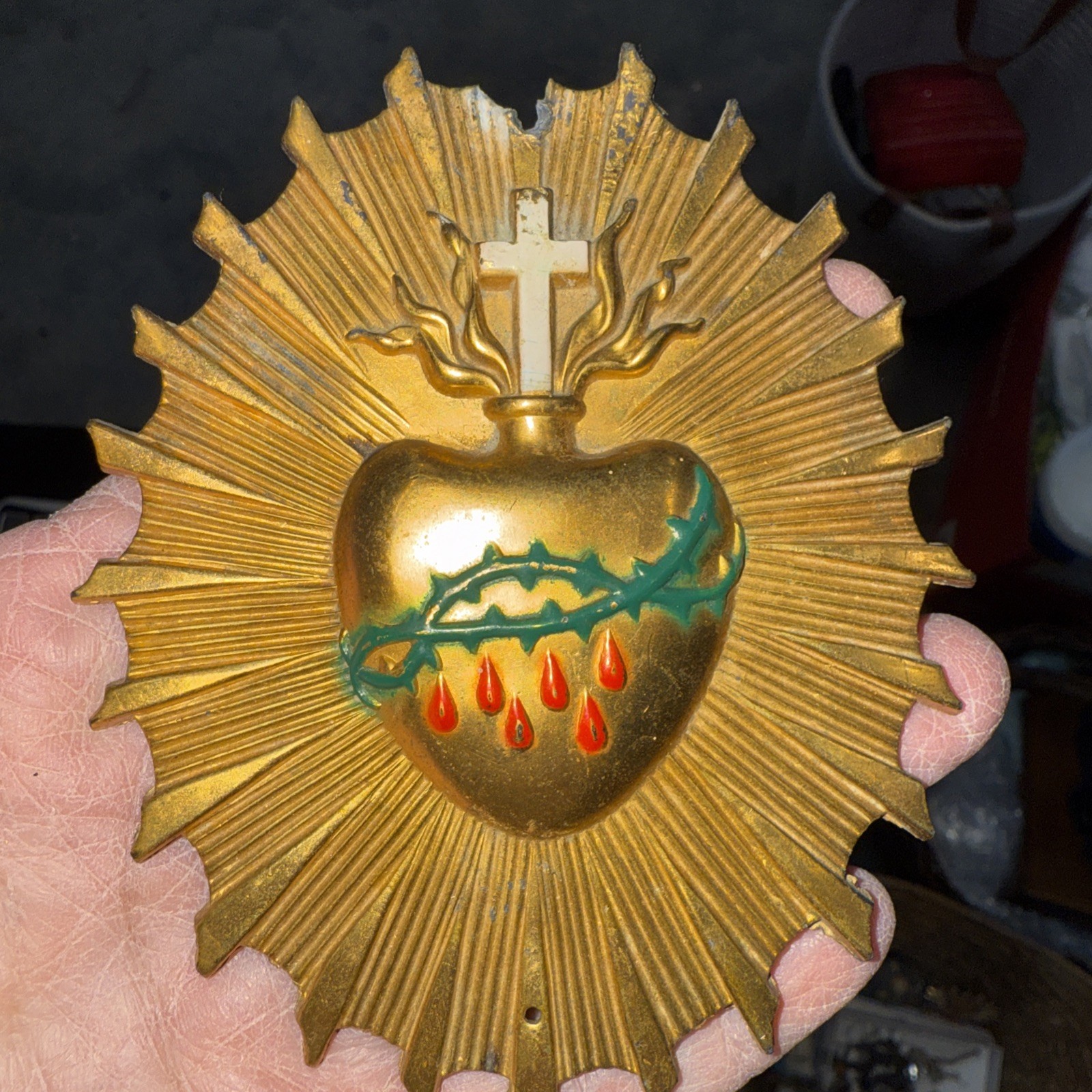 Vtg Crane & Breed Casket Co Memorial Sacred Heart No. 75 Enamel Emblem