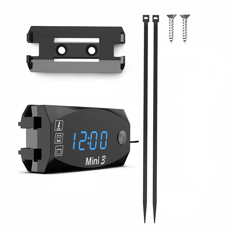 Multifunction Motorcycle Voltmeter 3-in-1 Thermometer Voltage Time Clock LED