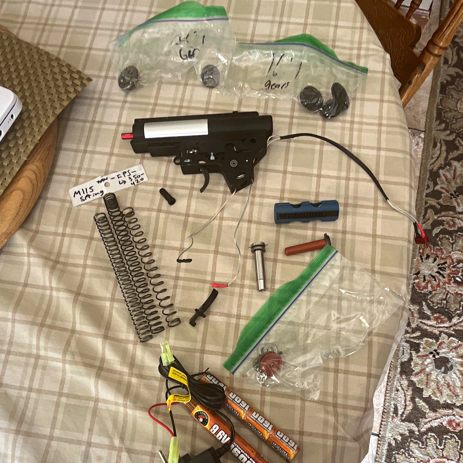 Airsoft AEG Gearbox Parts Lot w/ Springs, Gears, Wiring, 9.6V battery