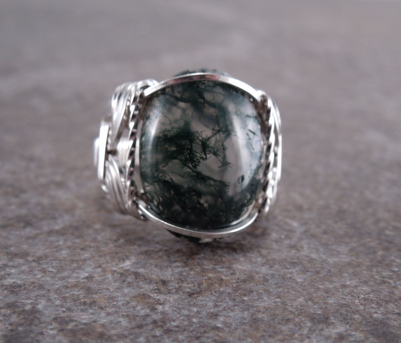Sterling Silver Moss Agate Cabochon Wire Wrapped Ring