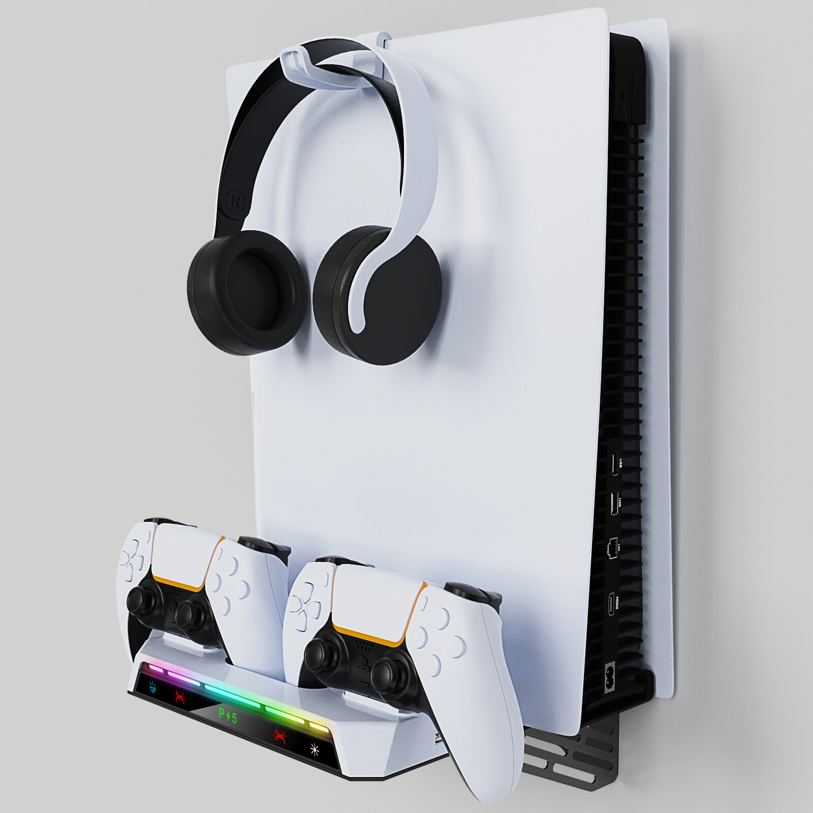 For PS5 Slim Console Wall Mount PS5 Gamepad Holder +RGB Light / Triangle Stand