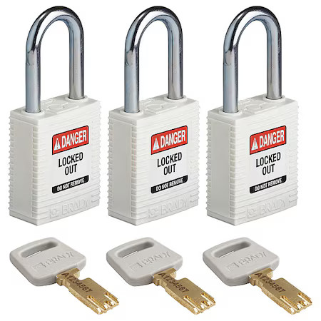 Brady Nyl-Wht-38St-Ka3pk Lockout Padlock, Keyed Alike, Nylon, White, 1 1/2 In