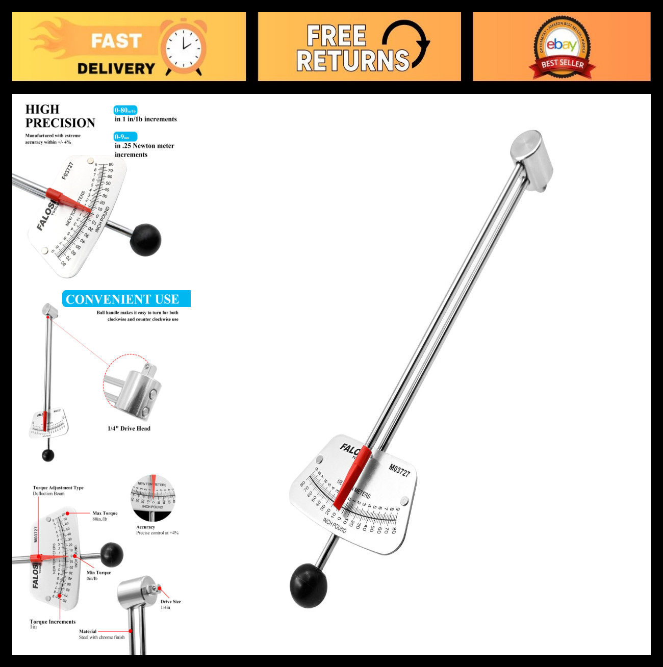 1/4" Drive Beam Torque Wrench 0-80 in-lbs & 0-9 Nm - High Visibility Easy Readin