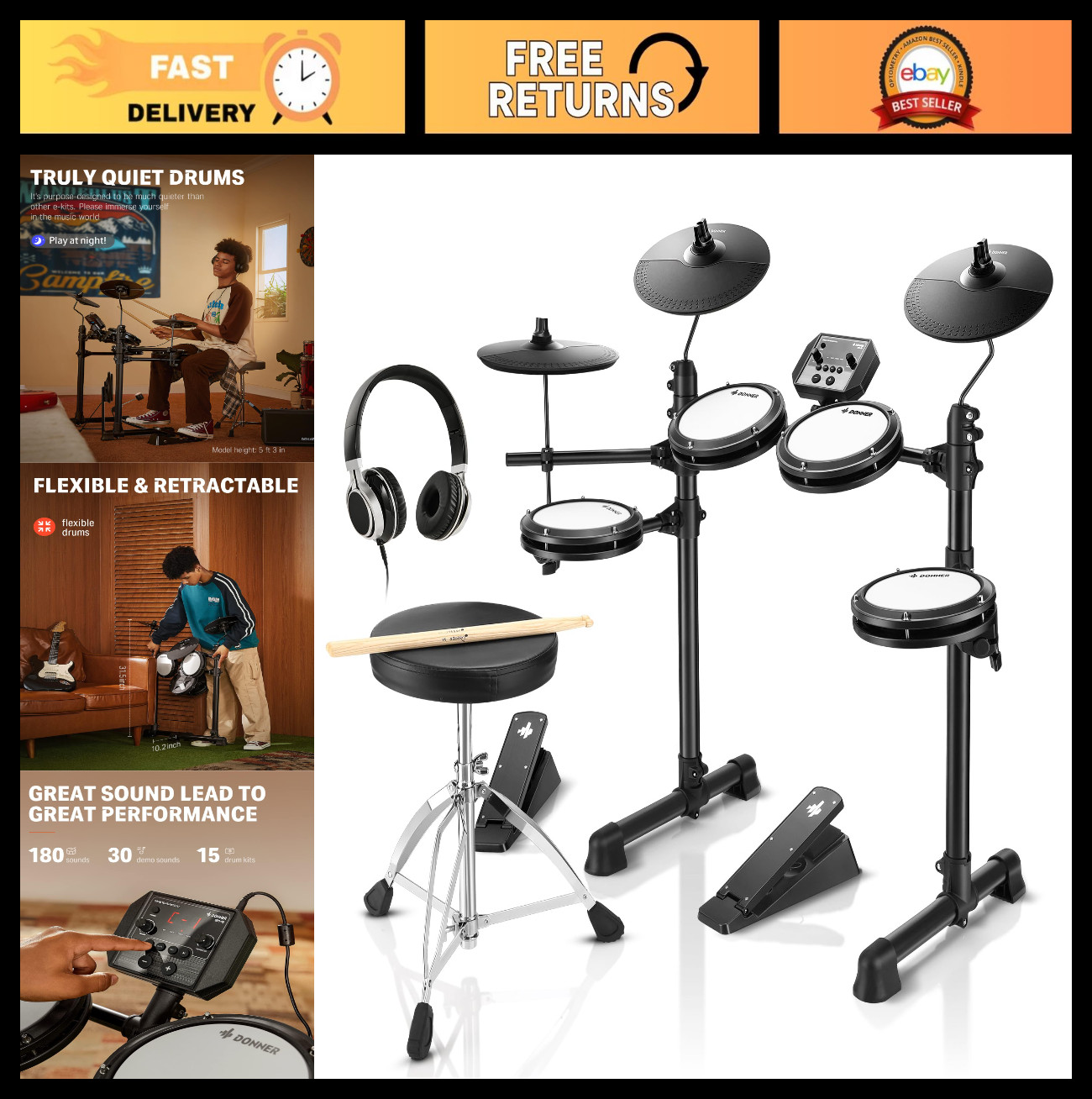 Electronic Drum Set with 4 Mesh Pads, 180+ Sounds, Pedals, Headphones & Sticks