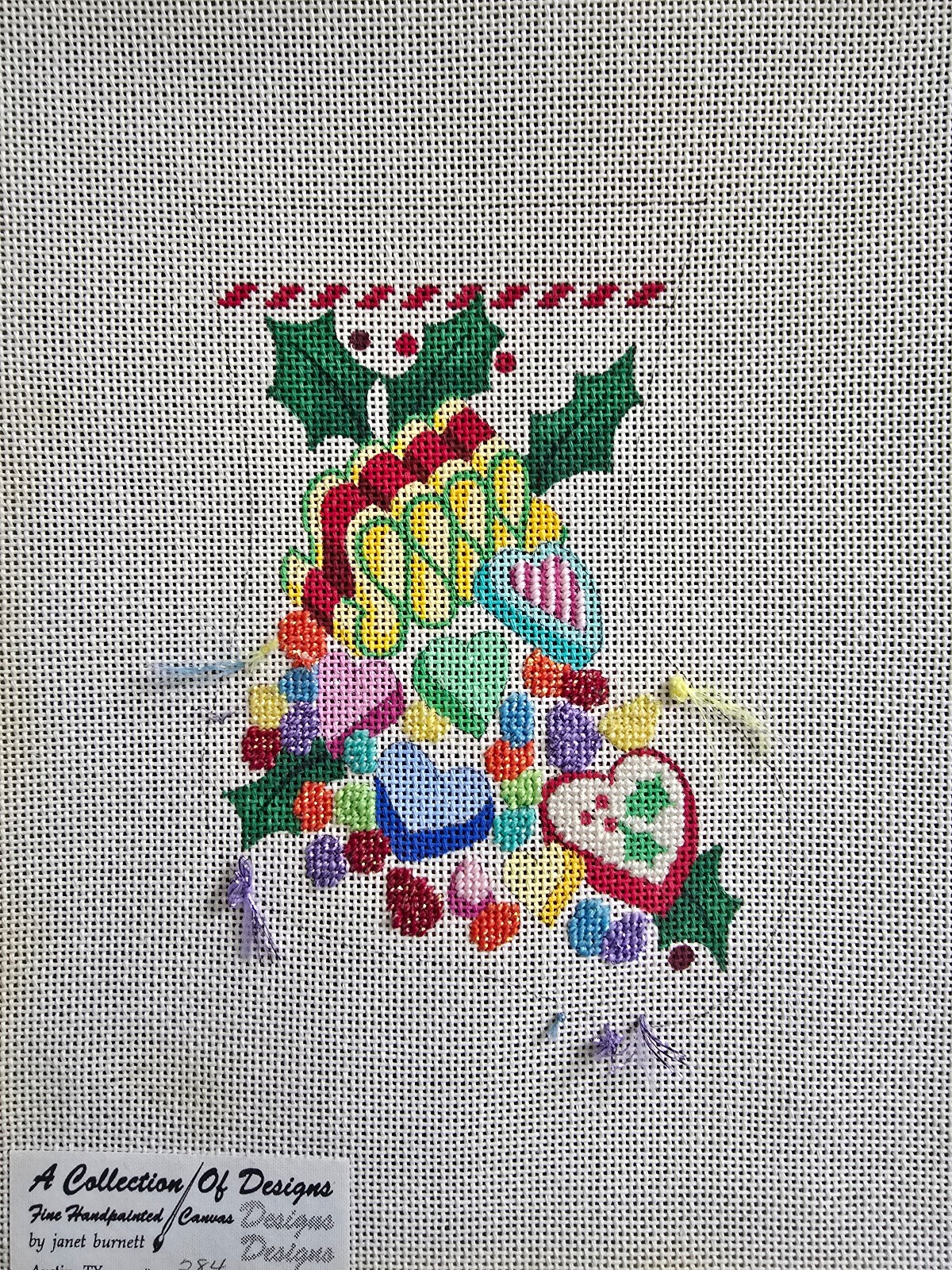 Mini stocking handpainted canvas - candy, Collection of Designs Janet Burnett