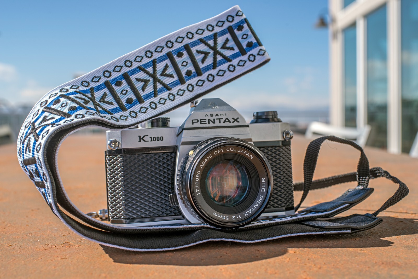 Stunning White, Blue, and Black Geometric Pattern Hippie-inspired Camera Strap