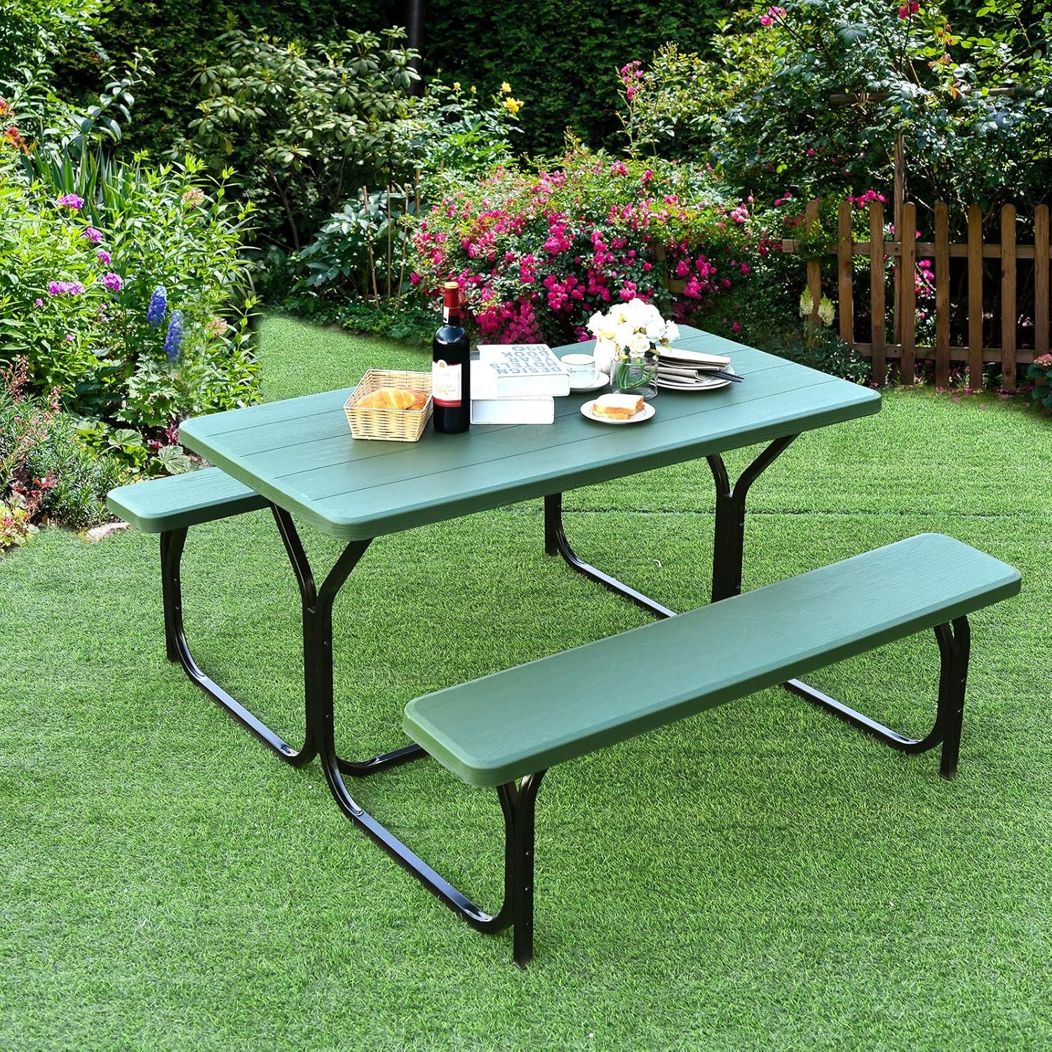 Picnic Tables, Rectangular Picnic Table with Steel Frame, 2 Benches Set, HDPE