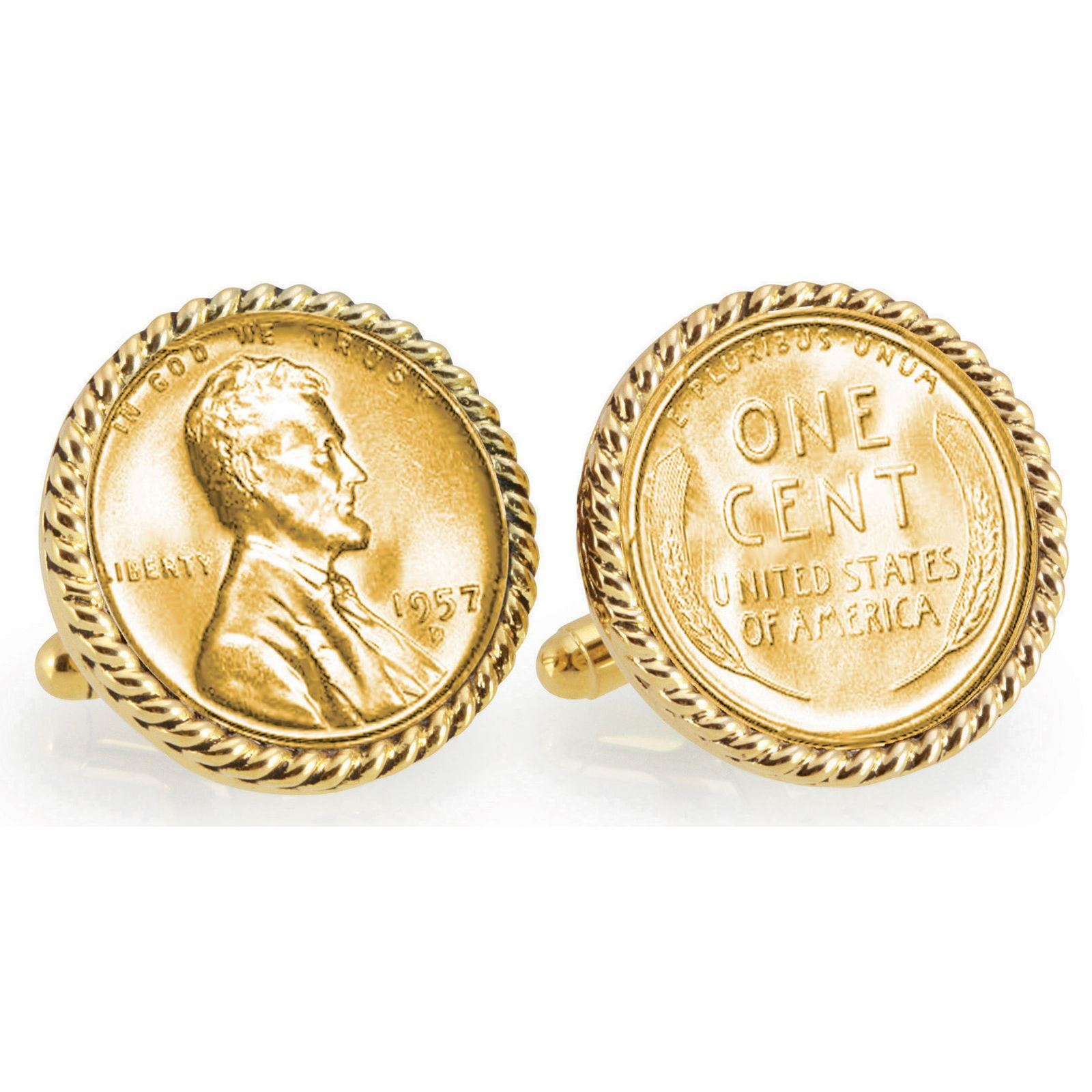 NEW Gold-Layered Lincoln Wheat-Ear Penny Cuff Rope Bezel Coin Cuff Links 12765