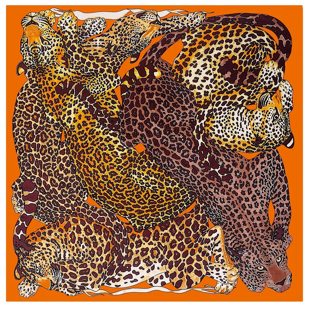 130cm New Leopard Brand Square Scarf Women 100% Silk Scarf 2024 New Pashmina Fas