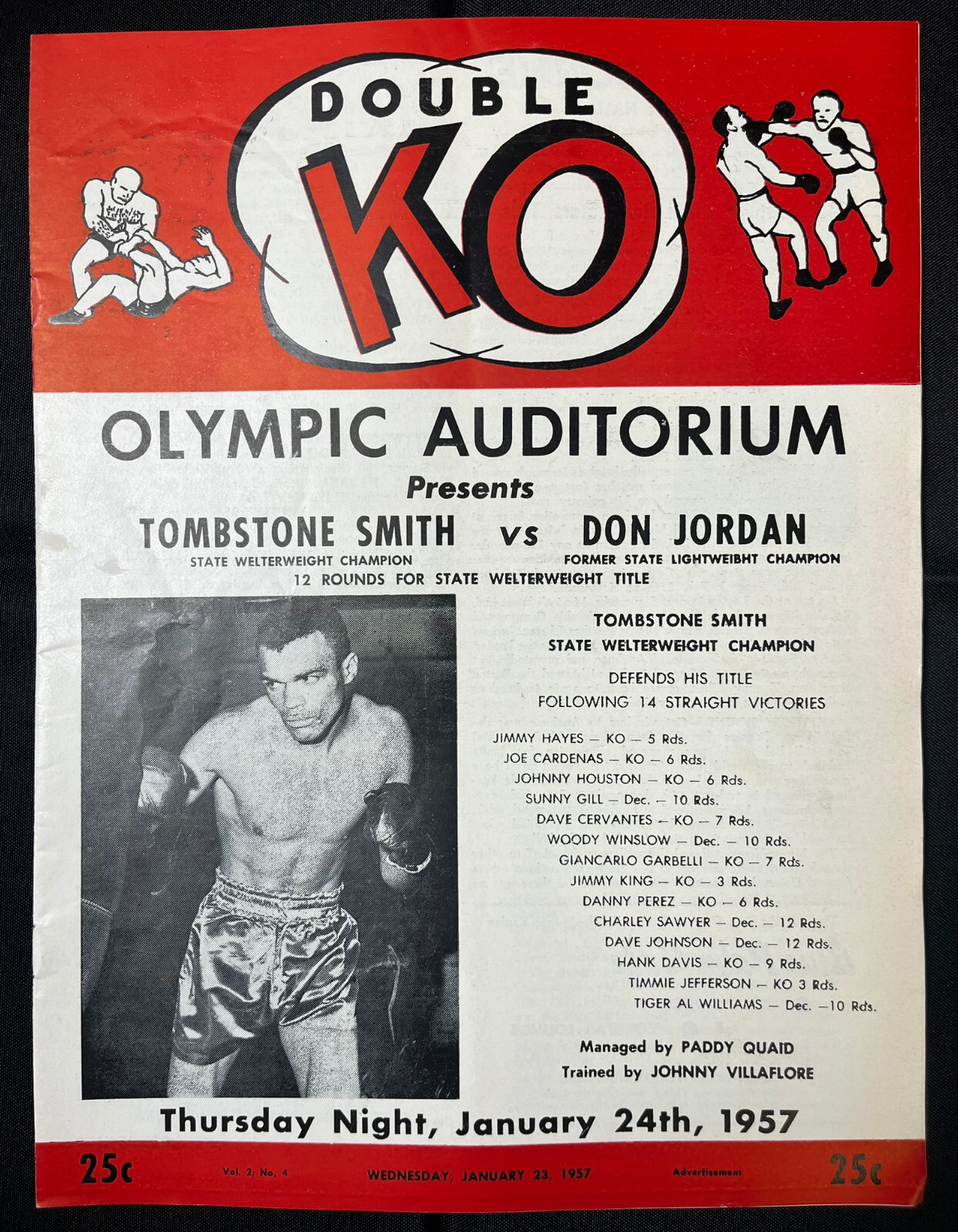 1957 CHARLEY TOMBSTONE SMITH vs DON JORDAN Double KO Boxing Program LOS ANGELES
