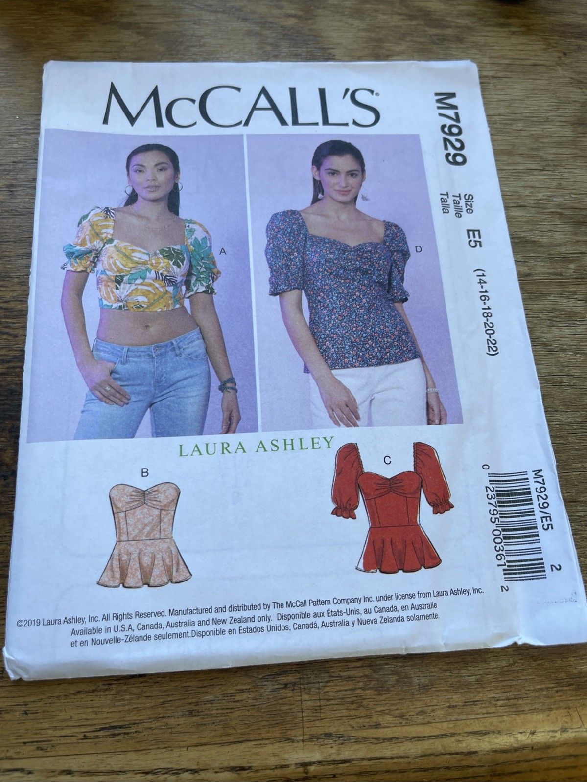 McCalls Pattern M7929 Ms LAURA ASHLEY Back Button Fitted Tops w/Variations 14-22