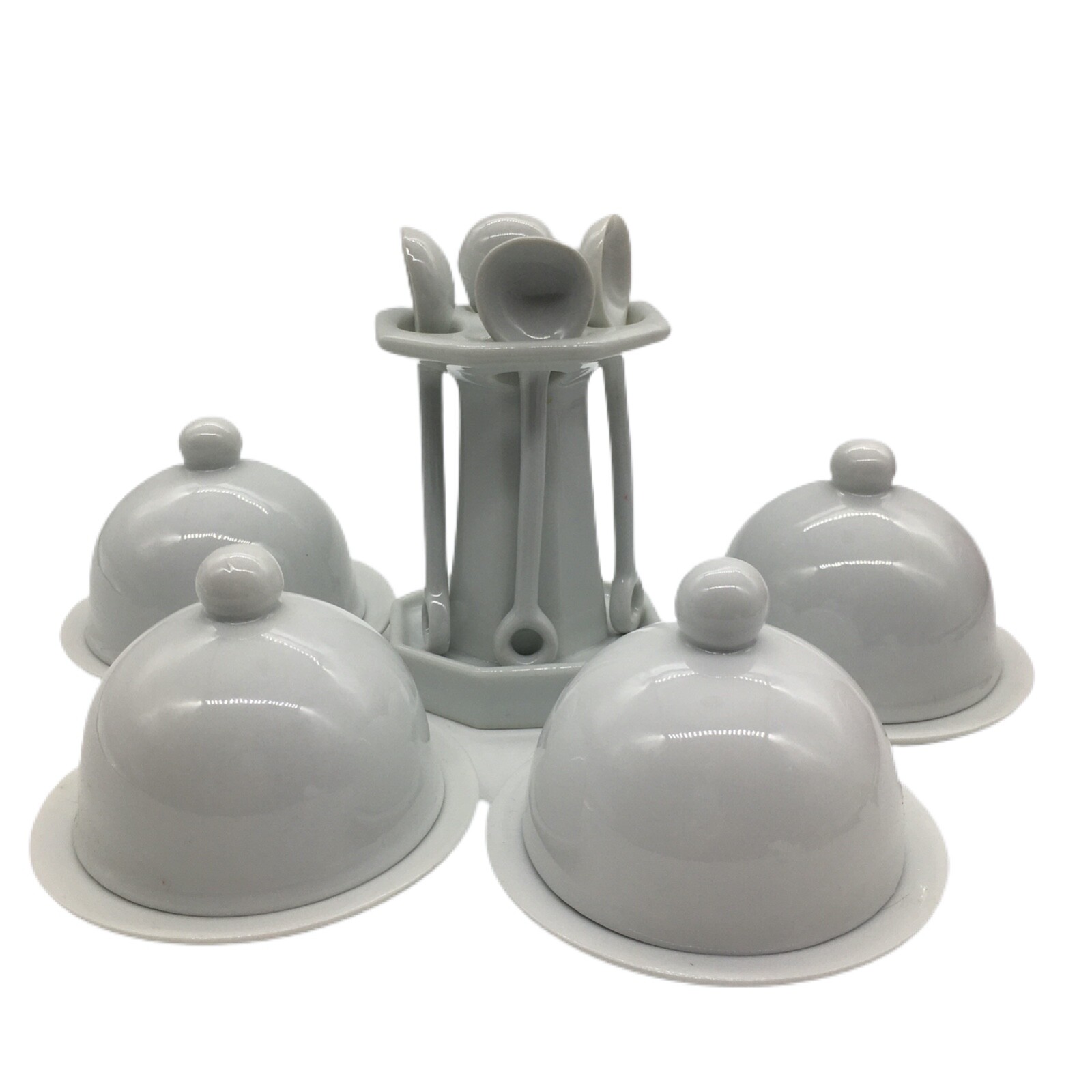 White Essentials Condiment Covered Serving Dish Spoon Set Farmhouse Cottage Core