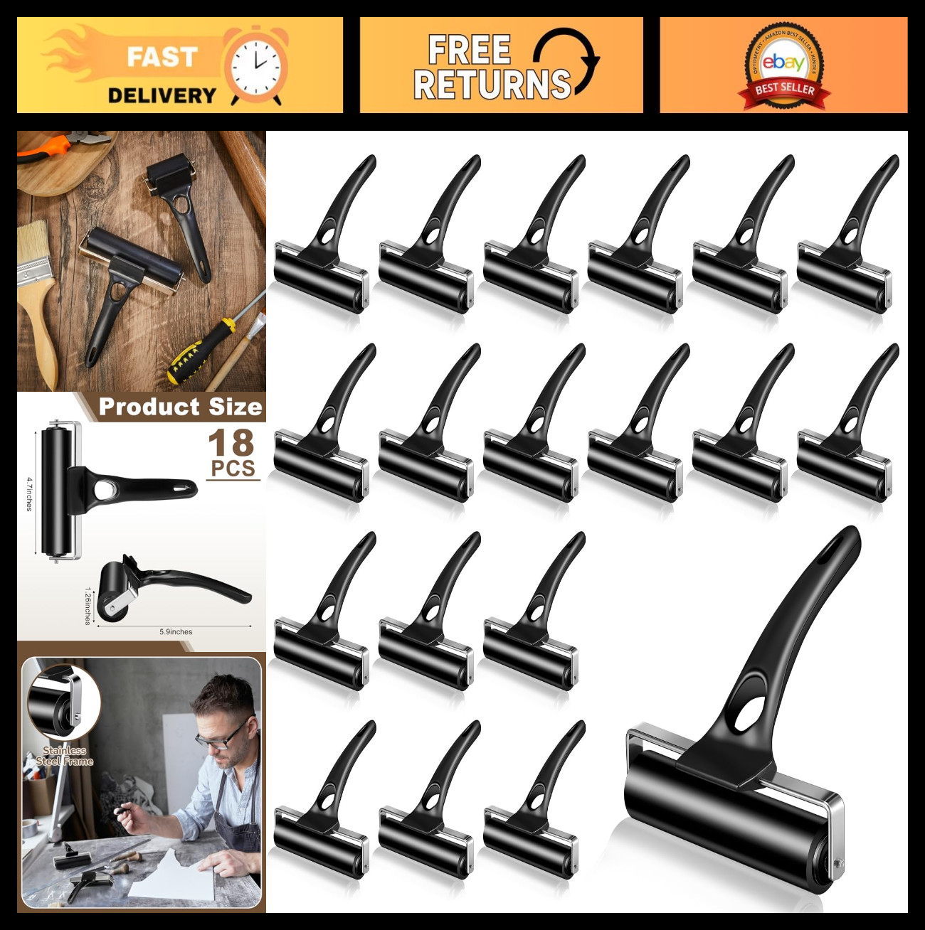 18 Pcs Rubber Roller Set - 4.7" Brayer Ink Rollers for Crafting, Printing & Stam
