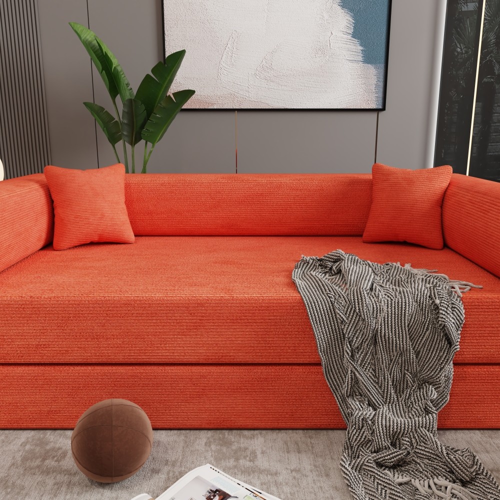 Sleeper Sofa Bed 2-Seater Convertible Couch Corduroy Foam Orange