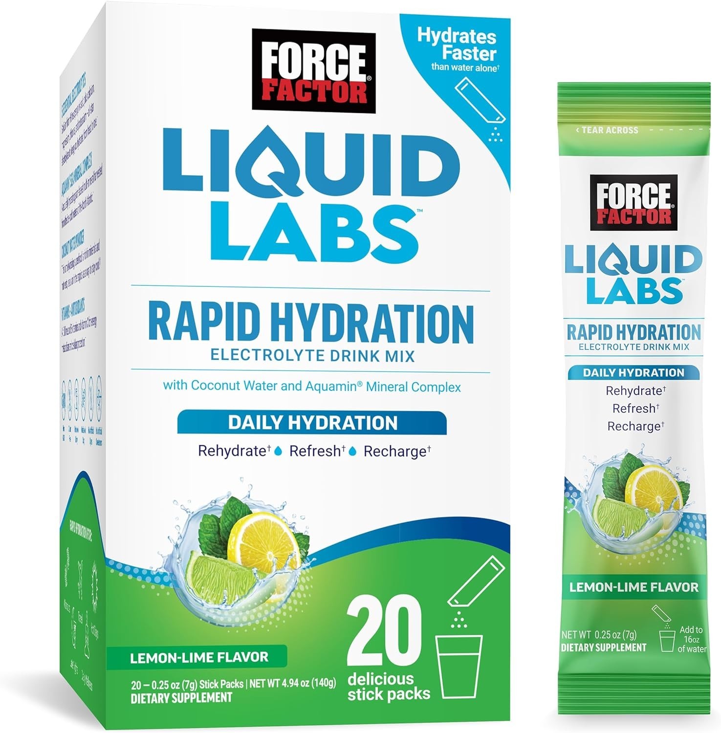 Force Factor Liquid Labs Rapid Hydration Electrolyte Drink Mix Lemon-Lime 20