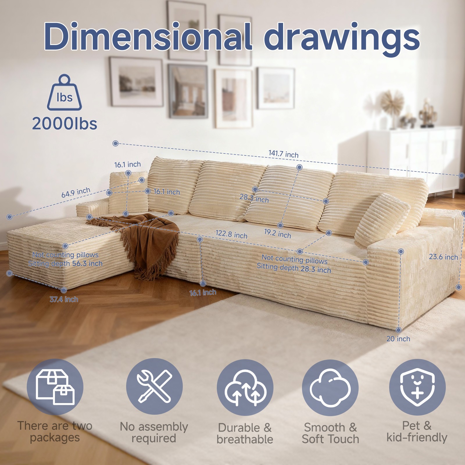 142" Cloud Modular Boneless Couch, Left Facing L-Shaped Chaise Sectional Sofa -