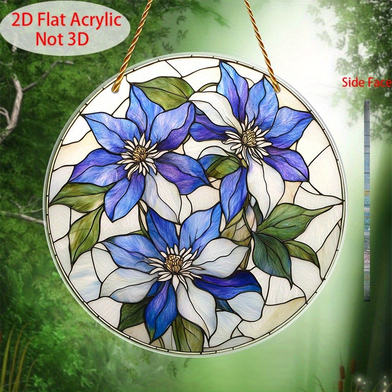 Blue Clematis Flowers Acrylic Suncatcher Whimsical Garden Boho Window Wall Decor