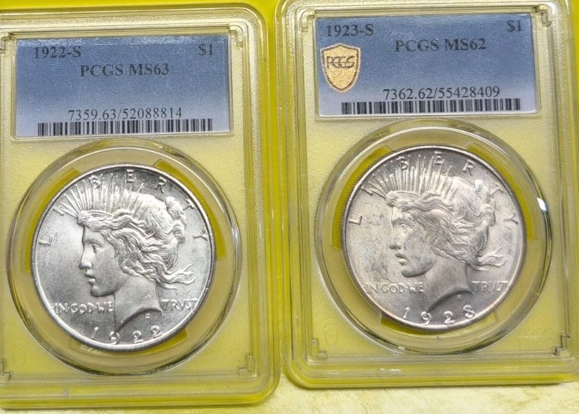 1922-S & 1923-S Silver Peace Dollar PCGS MS63 White Gems