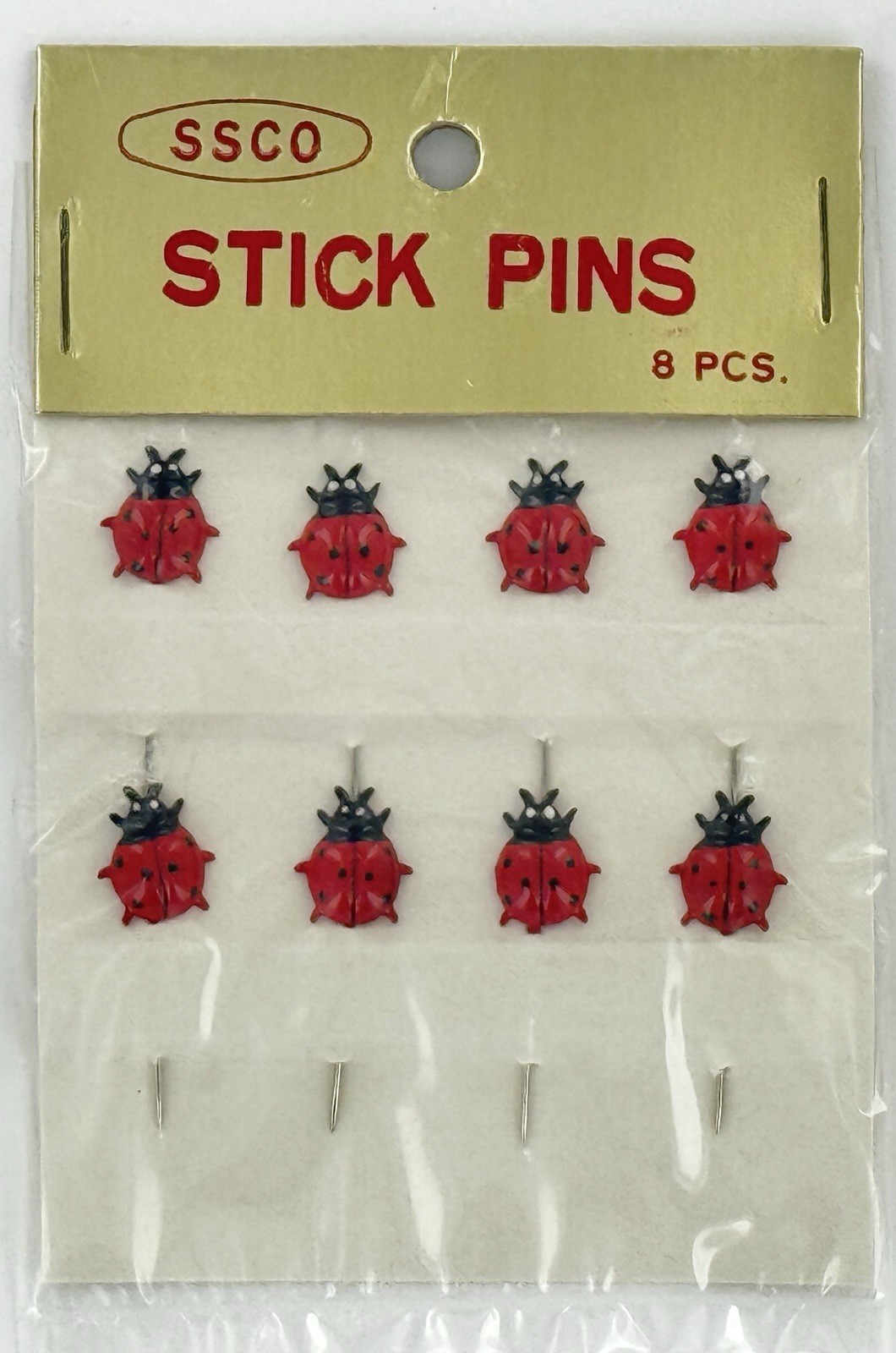 Vintage Ladybug Stick Pins 8pcs. NOS Korean SSCO Sewing Fine Steel Straight Pins