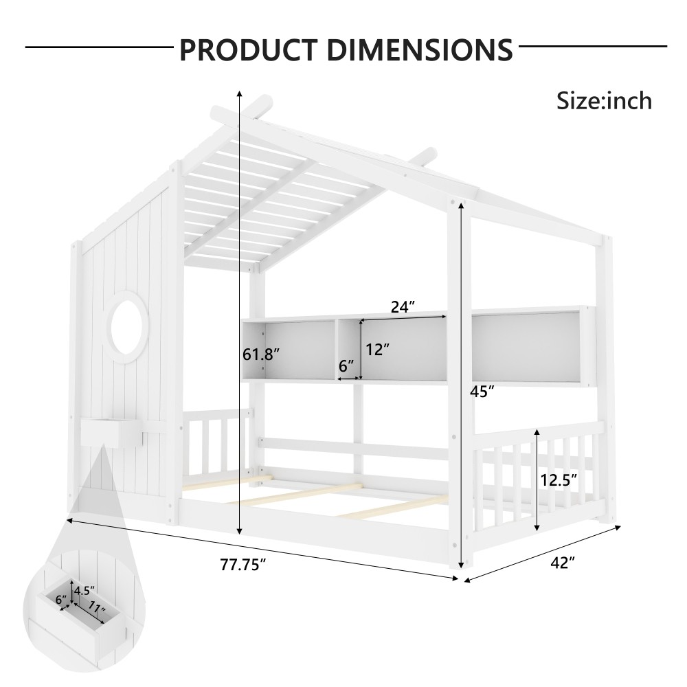 Twin/Full Size Floor House Bed Frame for Toddler with Storage Shelf, White/Grey