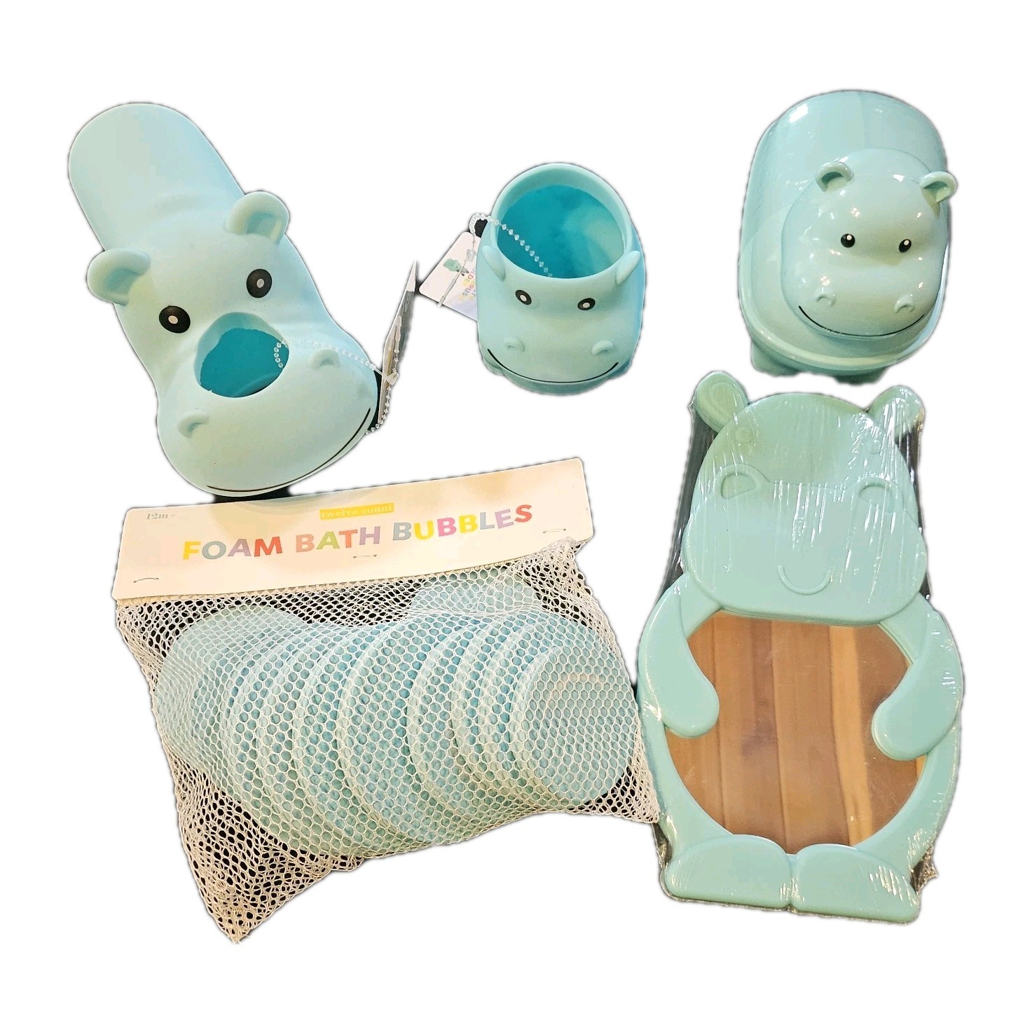 Hippo Bathroom 5 Piece Set Mirror/Soap Dish/Faucet Cover/Cup/Foam Bath Bubbles