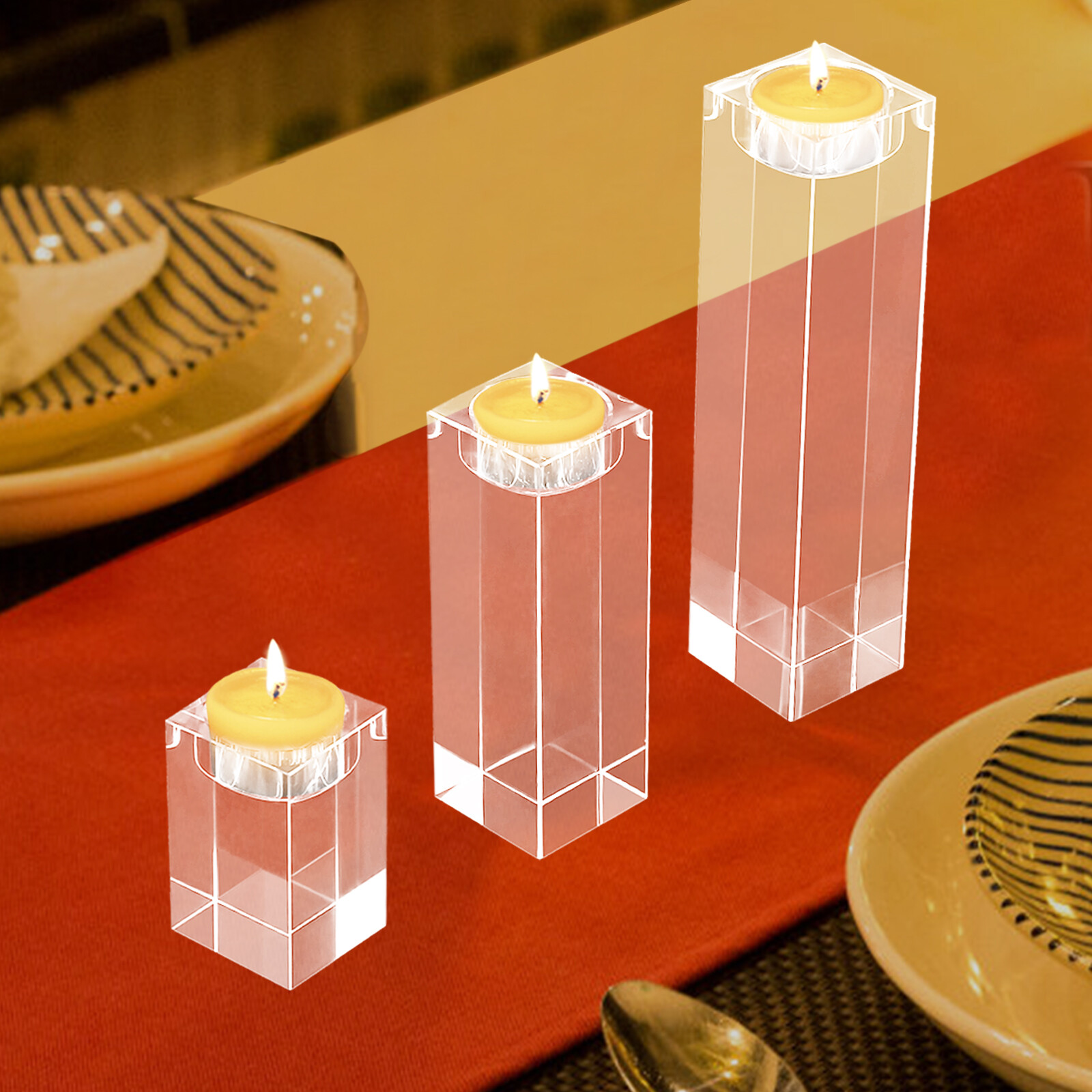 Set of 3 Glass Candle Holder, Crystal Clear Pillar Candle Stand 1.97"Square