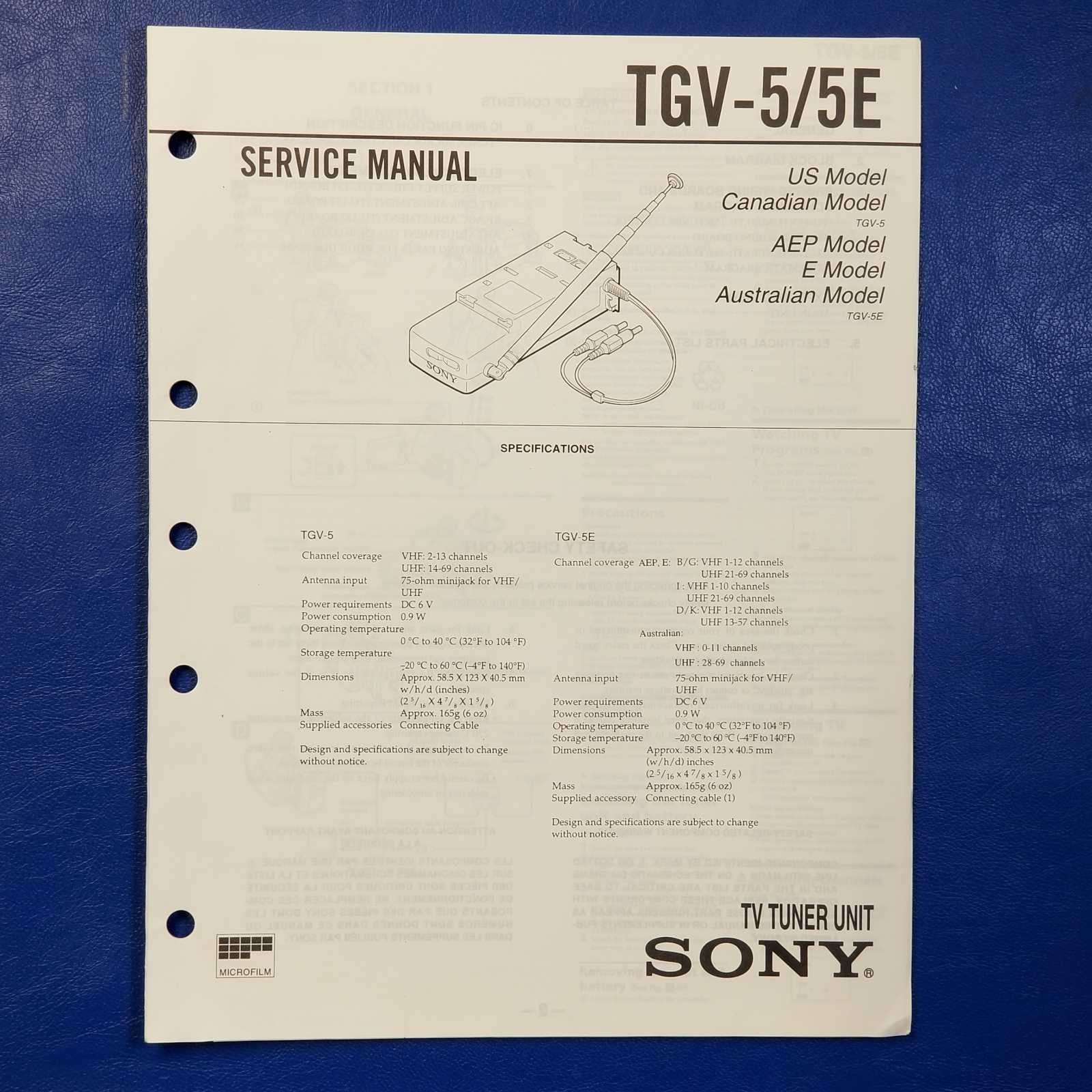 SONY TGV-5 TGV-5E Service Manual Original Paper OEM Repair Guide - USA