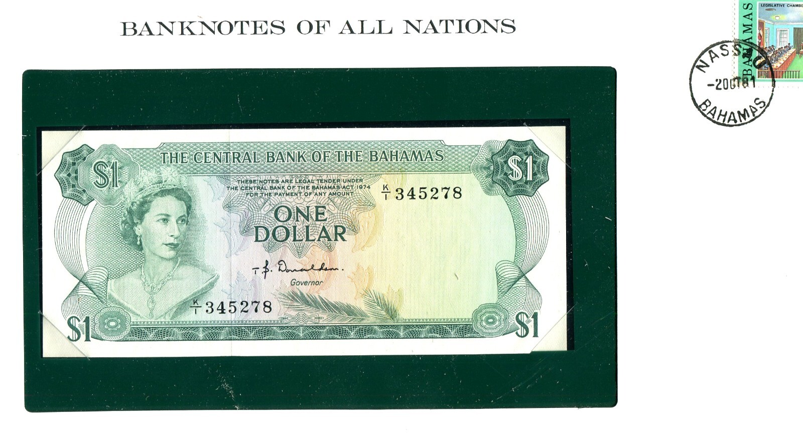 Banknotes of All Nations Bahamas 1 dollar 1974 UNC P-35a Prefix K/1 Donaldson